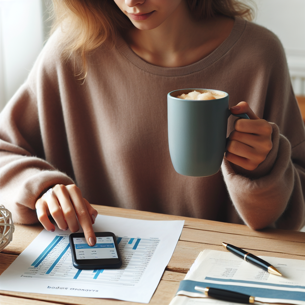 Moderne norsk økonomi: nærbilde av en ung voksen som sjekker bank-app på mobil, med en kaffekopp og budsjettark på et lyst trebord, nøytrale farger, profesjonell stil