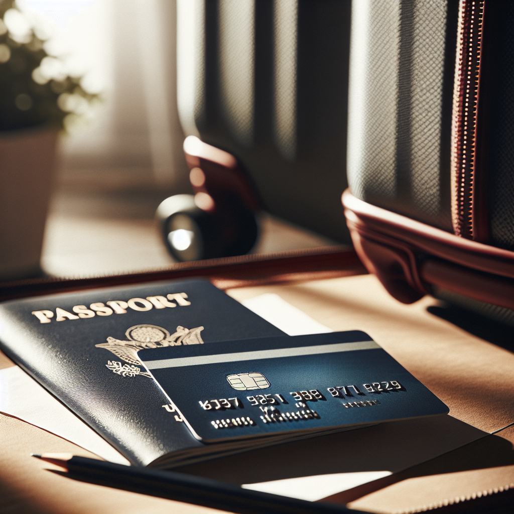 Nærbilde av et Bank Norwegian-kort liggende på et reisepass ved siden av en koffert, mykt lys, moderne og profesjonell stil