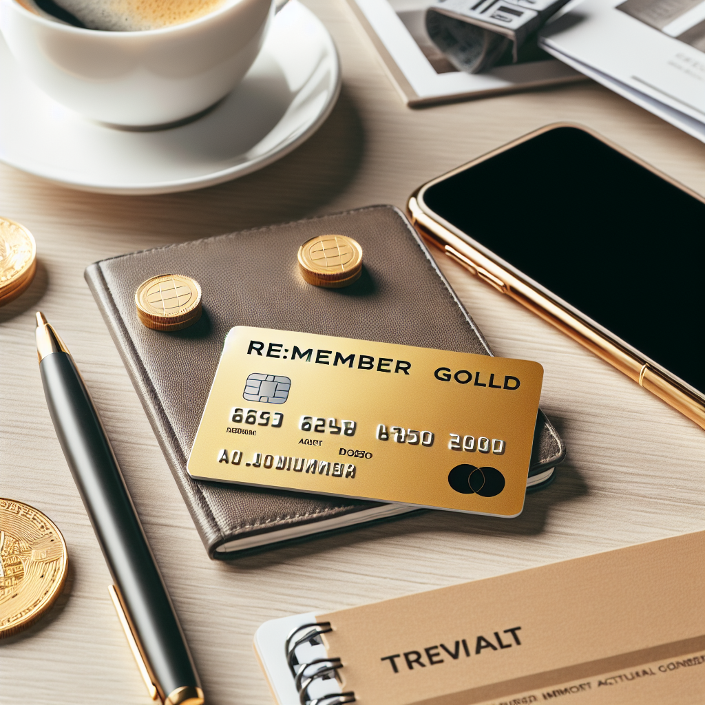 Nært bilde av et gullfarget kredittkort merket re:member Gold ved siden av en smarttelefon og reisedokumenter på et lyst trebord, moderne og ryddig komposisjon