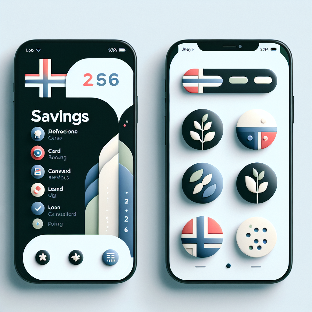 Oversiktsbilde av mobilbank-app på en smarttelefon, norsk flaggtoner, minimalistisk design, ikoner for sparing, kort og lånekalkulator, moderne og profesjonell stil