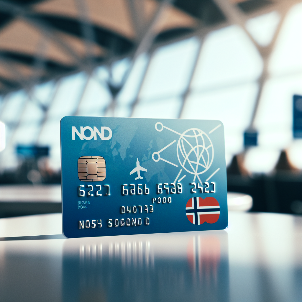 Nærbilde av et Norwegian-kredittkort på et bord ved en flyplass, moderne blå-hvite toner, symboler for poeng og reise, profesjonelt lys