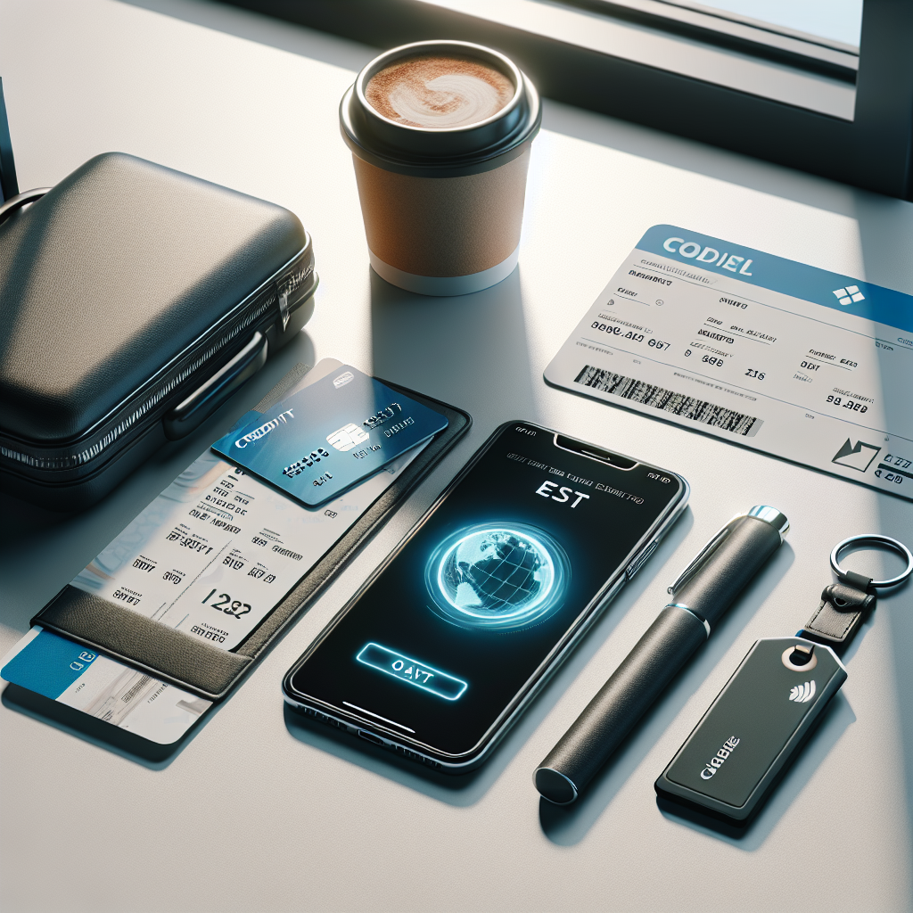Moderne kredittkort liggende på et reisebord ved siden av boardingkort, bagasjelapp og mobil med digitale lommebok-ikon, rent, profesjonelt og lysbildeaktig