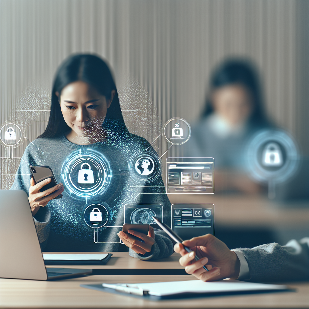 Moderne digital bankopplevelse: en person bruker mobilbank på en telefon og laptop samtidig, MyBank-logo subtilt i bakgrunnen, trygt og minimalistisk kontormiljø, nordisk fargepalett